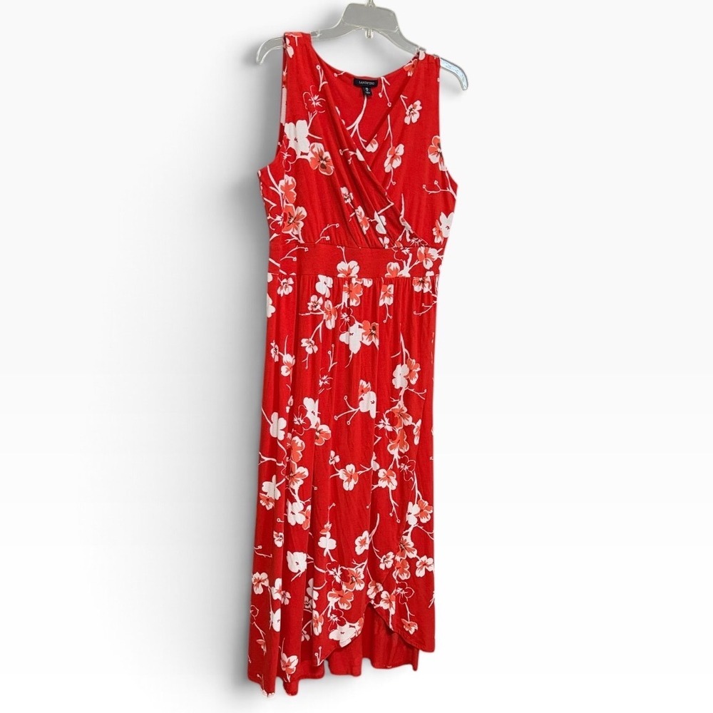 Lands' End Maxi Dress Womens XL Poppy Red Floral Sleeveless Faux Wrap Boho